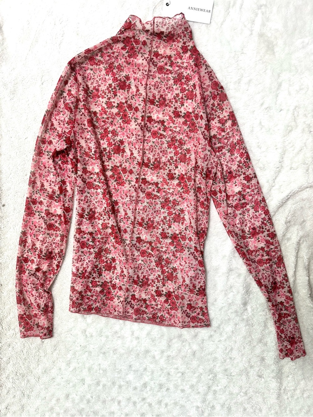 NWT- Annie Wear Floral Lettuce Hem Sheer Mesh Top - Picture 6 of 11
